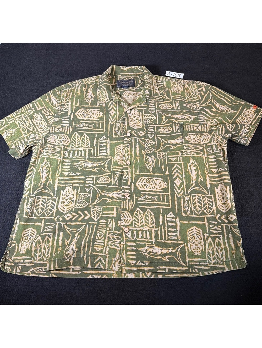 Abercrombie & Fitch Mens XL Tiki Hawaiian Shirt Green Tropical AOP Vintage Y2K